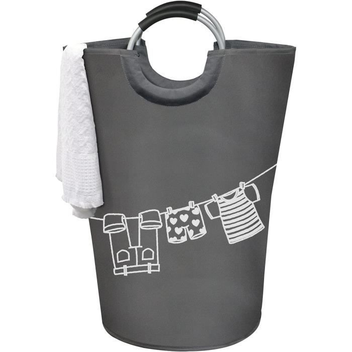 RYAN Grand Panier à Linge Pliable 65L - Corbeille Tissu Rayé Gris Avec Poignées Pour Maison Et Voyage