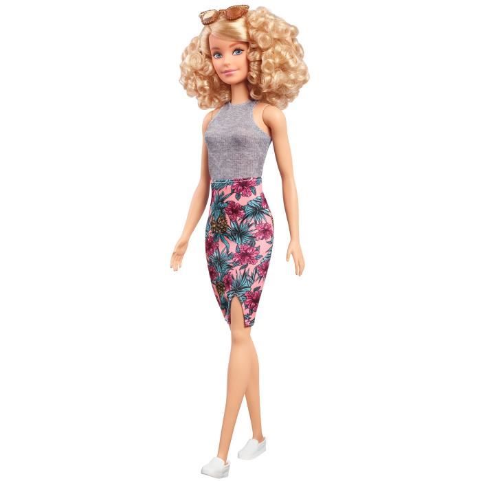 Barbie Fashionistas Poupee Mannequin 70 Aux Cheveux Blonds Et Boucles Debardeur Gris Et Jupe Rose A Motifs Jouet Pour Enfant Cdiscount Jeux Jouets