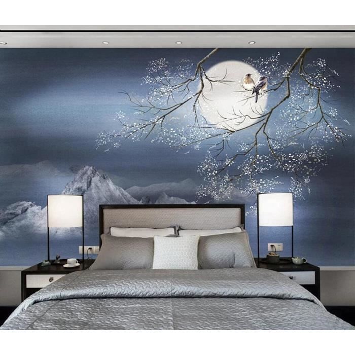 Papier Peint Panoramique Fleurs et oiseaux de lune Papier Peint 3D Tapisserie Murales Chambre Salon Décoration Murales 250x175cm