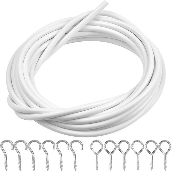 Cordon De Rideau 4 Mètres Blanc Avec Crochets - Kit Complet (corde, 10 Vis à Anneau, 10 Crochets), Pour Rideaux Légers Ou Décoration