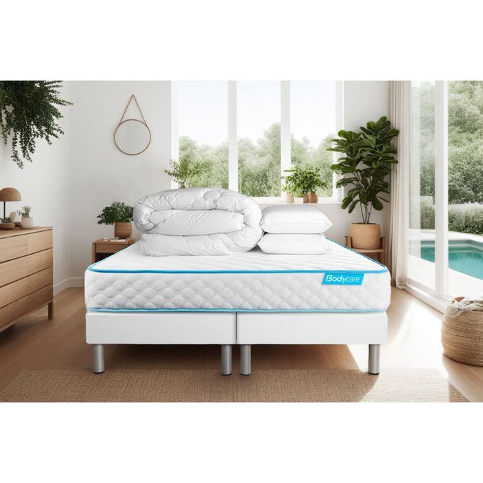 Ensemble sommier matelas 160x200 Bodyone Mousse HD micro alvéolé - 19 cm - Très ferme - double sommiers blanc + 2 oreillers + couett