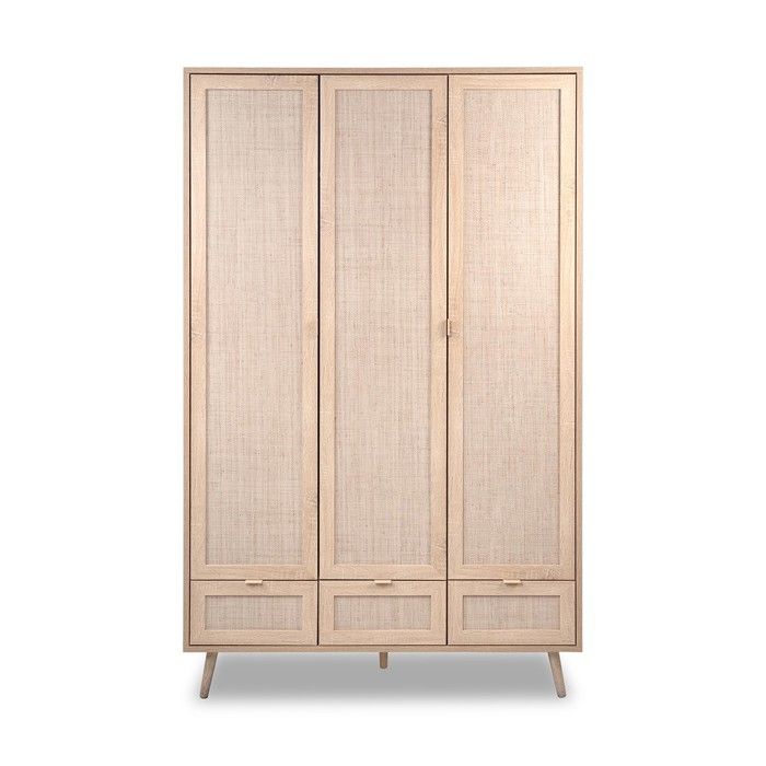 CALICOSY - Armoire 3 Portes 3 Tiroirs et 2 Penderies L120 cm - Impression Rotin - BALI - Bois clair