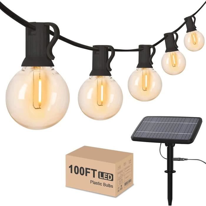 Guirlande Solaire Extérieure 20 Mètres - 26 Ampoules G40 LED - Télécommande 8 Modes - Imperméable IP65
