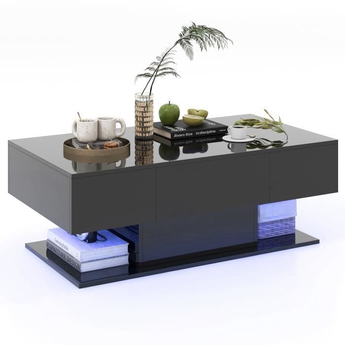 COSTWAY Table Basse avec 20 Lumières LED Colorées Table dAppoint avec 22 Modes et Tiroirs Télécommande Finition Brillante Noir