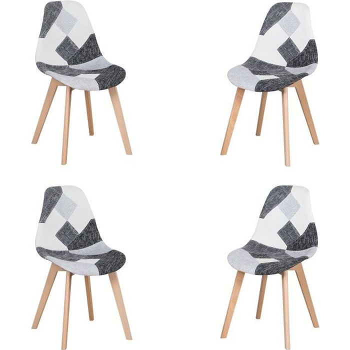 lot de 4 chaises patchwork- noir blanc et gris - pieds en hêtre