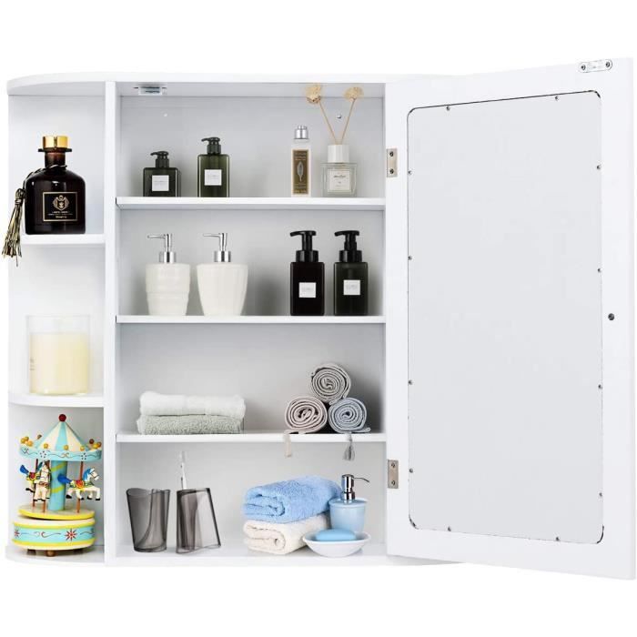 GOPLUS Armoire Murale Salle de Bain65 x 17 x 63CMavec Porte et MiroirGrande Espace de Stockage Plusieurs Rangements Blanc