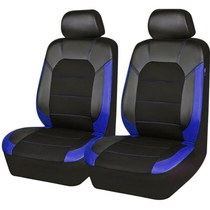 4Pcs Housse de siège auto universelle en cuir PU-2 x housse de siège avant+2 x housse d'appui-tête-Bleu