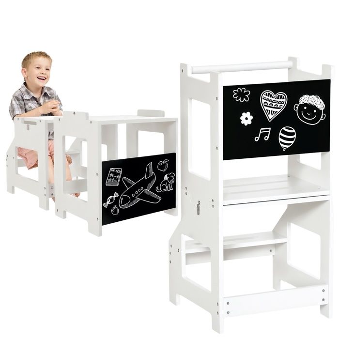 Tour dobservation - HOMCOM - 3-en-1 enfant learning tower barreau tableau noir - bois - blanc