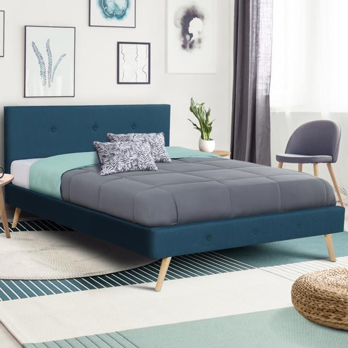 IDMARKET Lit double scandinave OSLO avec tête de lit et sommier 140 x 190 cm tissu bleu canard IDMARKET Lit double scandinave OSLO avec tête de lit et sommier 140 x 190 cm tissu bleu canard