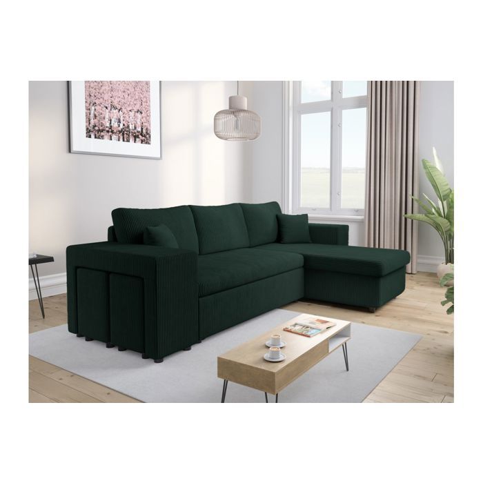 Canapé dangle réversible MADY avec coffre rangement poufs à gauche en velours côtelé vert foncé - L254 x P146 x H81cm - LOUNGITUDE