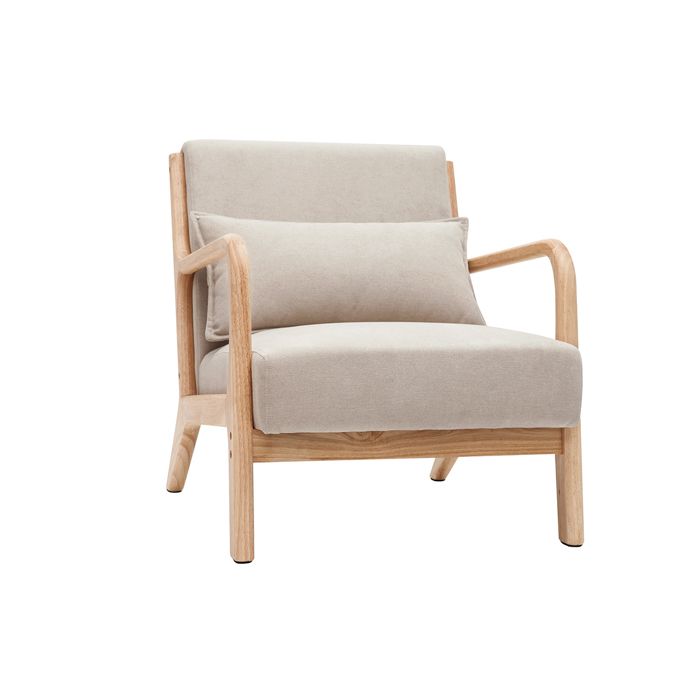 Miliboo - Fauteuil scandinave en tissu effet velours beige et bois clair massif DERRY