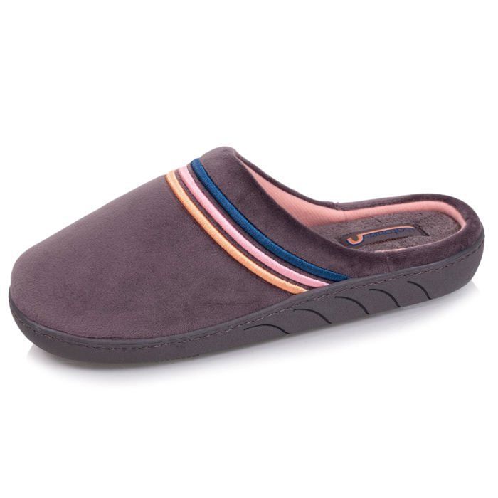 Chaussons Mules Isotoner Pour Femme – Velours Rayé Rose, Semelle Ergonomique Mémoire De Forme – Taille 40 - 3