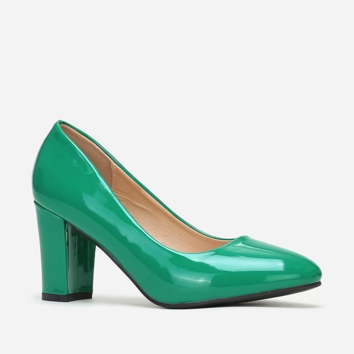 Escarpins Femme - Vernis Vert - Talon Carré 8cm - Bout Rond - Confortable