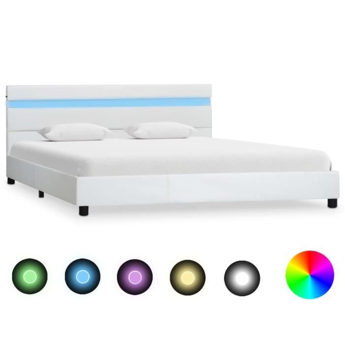 Cadre de lit avec LED 140x200 cm - OVONNI - Queen Size - Blanc - Métal - Contemporain - Design