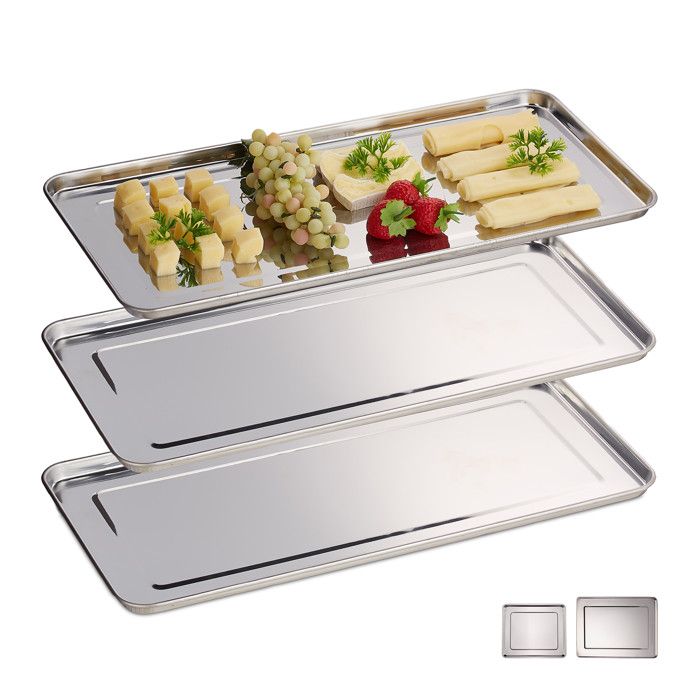 Relaxdays Plateaux de service lot de 3 Acier inoxydable adapté au lave-vaisselle saucisson 45 5 x 22 cm argenté