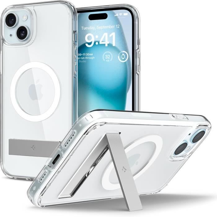 Coque iPhone 15 Plus - Spigen - Ultra Hybrid S MagFit - Transparent - Kickstand - Protection coussin dair