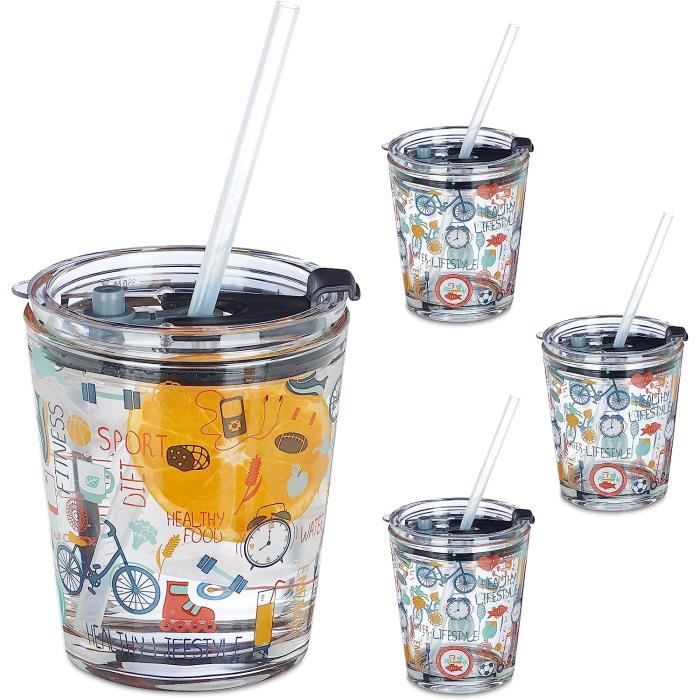 Set De 4 Tasses Enfant Relaxdays - 350ml, Avec Couvercle Et Paille, Motif Sport, Lavable