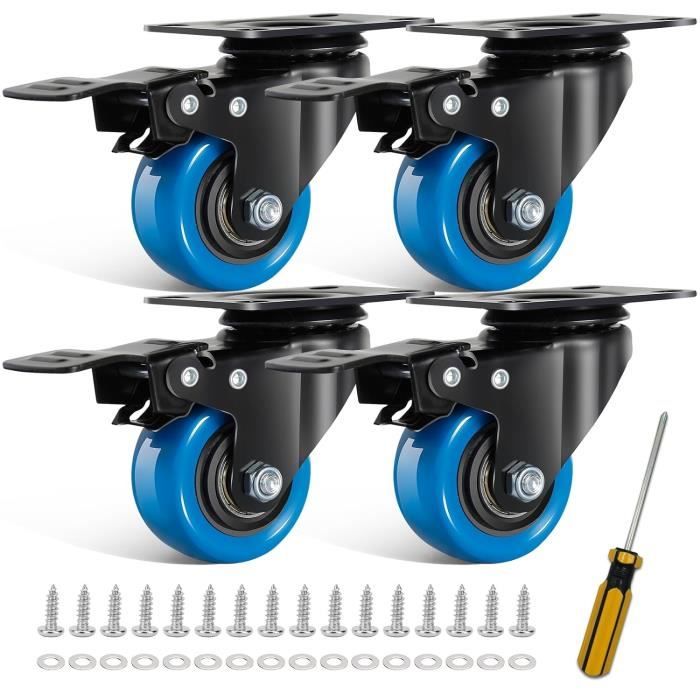 Kit de 4 Roulettes Pivotantes Bleues 50mm avec Frein Jusqu'à 300KG
