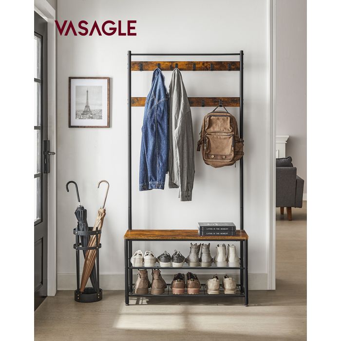 VASAGLE Porte-manteau avec Étagère à Chaussures Meuble d’Entrée avec Banc 3-en-1 Cadre en Acier 32 x 85 x 175 cm Marron et Noir