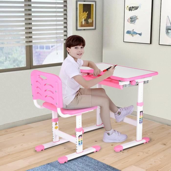 Bureau Enfant Réglable En Hauteur 52-74 Cm - Plateau Inclinable 0-60° - Avec Tiroir Et étagère - Pour 3-12 Ans - 100x60 Cm