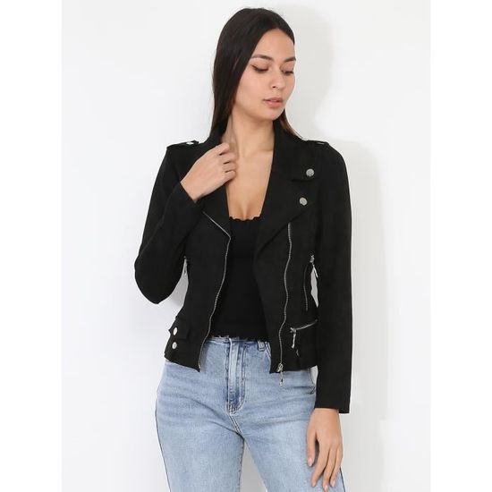 Veste biker ajustee en suedine Noir Cdiscount Pret a Porter