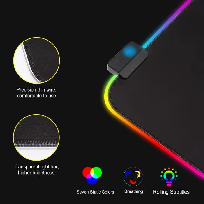 XXL Tapis de Souris Gaming, 800x300x3 mm Tapis de Souris RGB Imperméable  Antidérapant, avec 12 Modes D'éclairage - Cdiscount Informatique