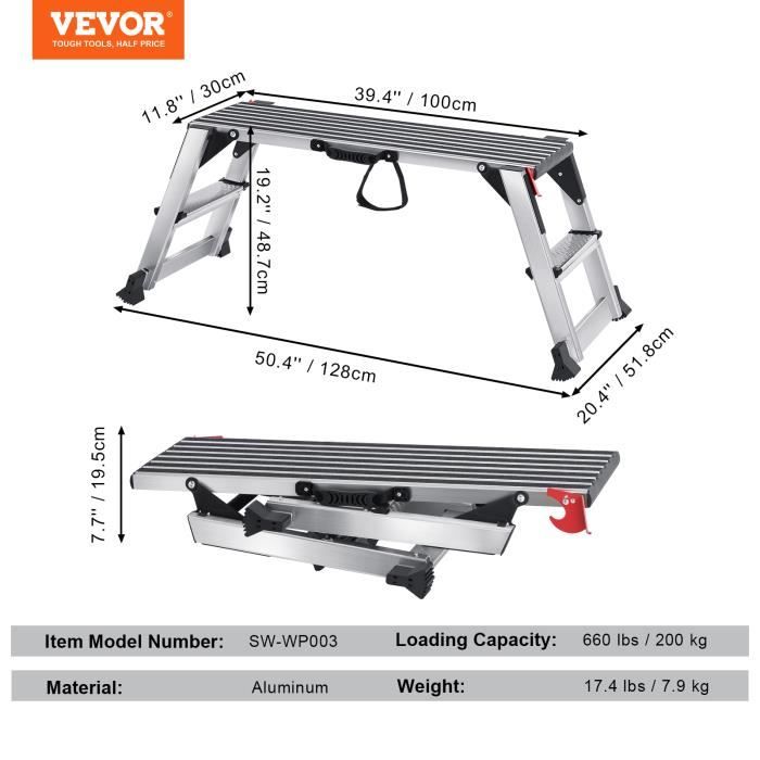VEVOR Plateforme de Travail 150 kg Etabli Pliant 76x30x50,8 cm Marchepied  en Aluminium Pieds Antiderapants