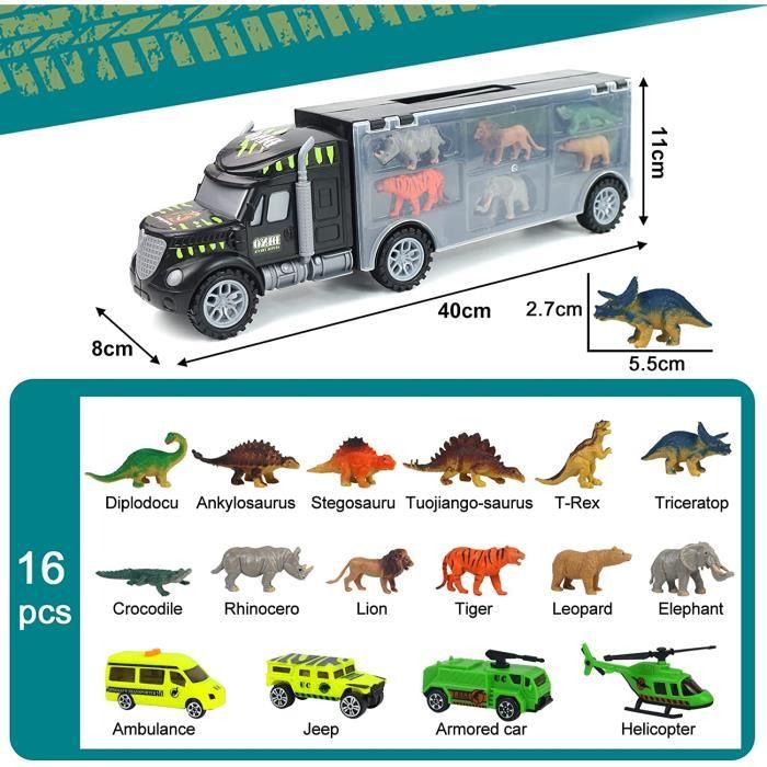 Grand camion de transport de dinosaures pour garçons et filles de 3 4 5 6  ans avec 3 figurines Dino Toys Playset Remorque de bétail Véhicule de  voiture de transport pour enfant