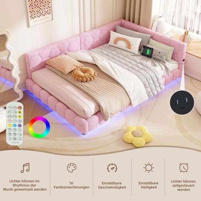 MISNODE Canapé-lit Rembourré, 140 X 200 Cm, D'angle, Avec LED Et USB