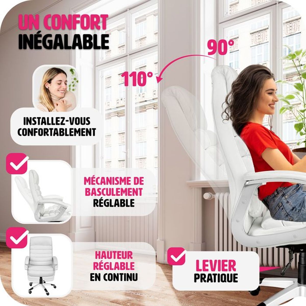 TECTAKE Fauteuil de Bureau confortable Ergonomique Hauteur réglable avec Accoudoirs fixes Blanc TECTAKE Fauteuil de Bureau confortable Ergonomique Hauteur réglable avec Accoudoirs fixes Blanc