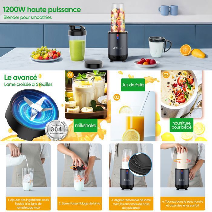 Mini Blender Smoothie Mixeur Mini-Blender Mélangeur Vide Fruits Et Legumes Avec Bouteilles