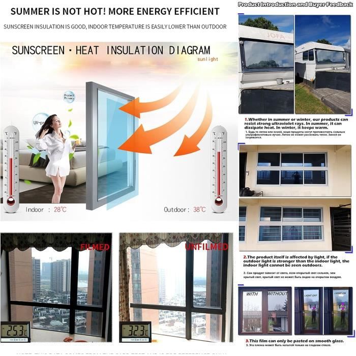 Film de fenêtre miroir autocollant pour fenêtre protection solaire  réfléchissant isolation thermique protection UV 45 x 200 cm