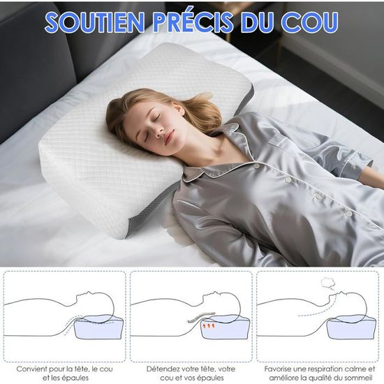 Oreiller Ergonomique Cervical Mémoire De Forme - 2 Hauteurs (11 Et 14 Cm), 65x44 Cm - Pour Dormeurs Sur Le Côté Et Dos