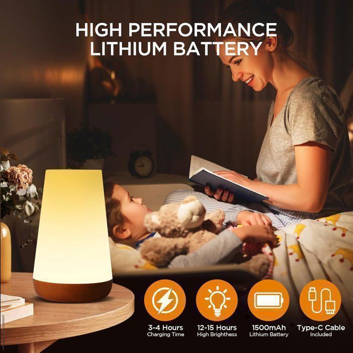 Lampe De Chevet Tactile LED - 8 Couleurs, Timer, Rechargeable, Sans Fil