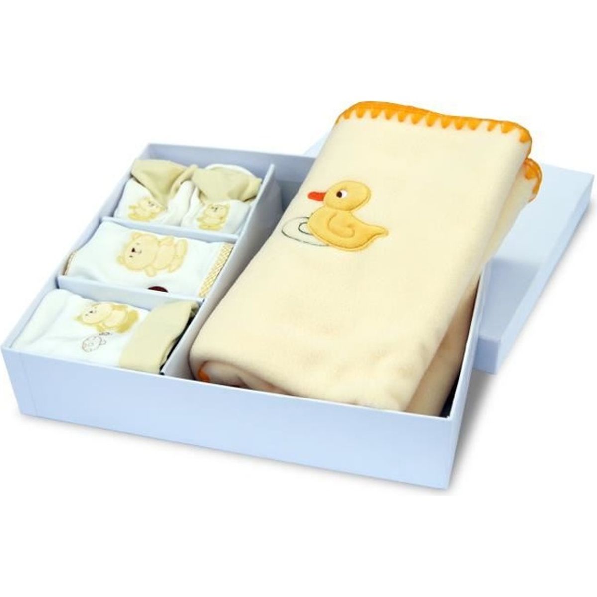 Coffret Cadeau de naissance nouveau né bébé plaid polaire bonnet bavoir chaussons Baby-Bow jaune 
