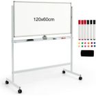 COSTWAY Tableau Blanc Mobile 120x60cm Double Face Réversible 360° Mobile 2 Hauteur Effaçable à Sec 12 Aimants 6 Marqueurs Blanc