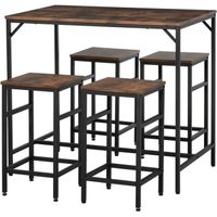 Ensemble table de bar 4 tabourets design industriel métal noir aspect bois