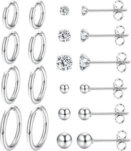 Lot 10-12 Paires Boucles D'Oreilles Acier Inox 316L - Clous, Créoles - Hypoallergénique - Cadeau Femme