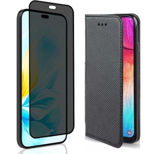Coque Portefeuille + Verre Trempé Anti-espion Pour Honor 400, Smart 400 Lite, 200 - Noir, Cuir Synthétique