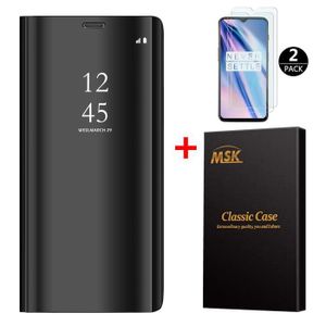 COQUE - BUMPER Coque OnePlus 7T + [2 Pack] Verre trempé, Miroir Case Avec Stand Flip Protection Pour OnePlus 7T - Noir