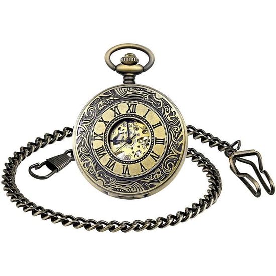 Montre De Poche Mécanique Infinite U - Squelette Argentée - Double Affichage - Chaînes Incluses