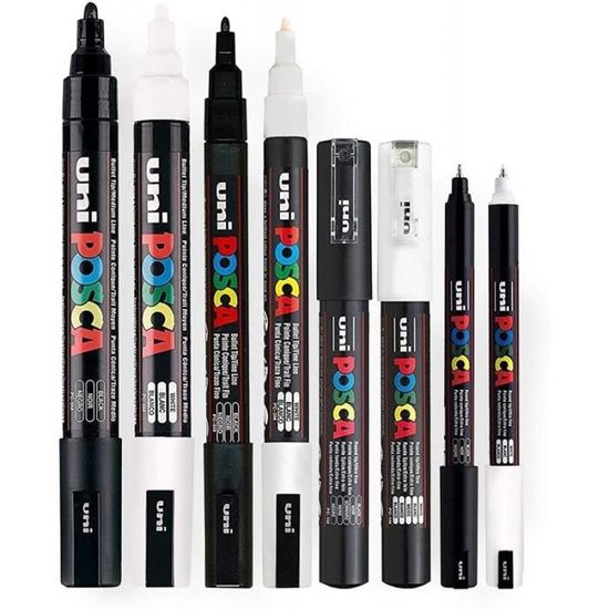 Lot de 8 stylos Posca noir et blanc PC-5M, PC-3M, PC-1MC, PC