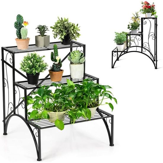 Étagère à Fleurs En Fer Forgé 4 Niveaux - Pour Intérieur Et Extérieur, Jardin, Balcon - Noir