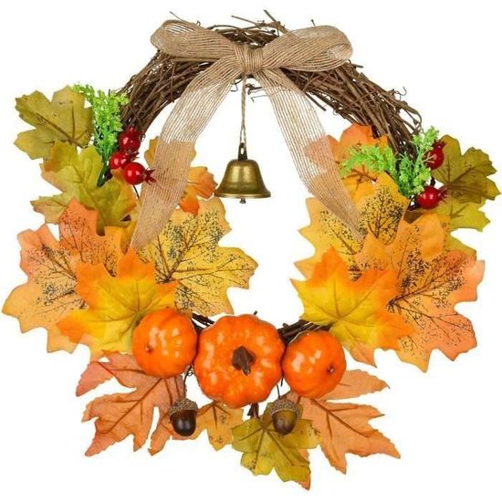Couronne D'automne Halloween Artificielle - Diamètre 30 Cm, Feuilles D'érable Et Citrouilles, En Rotin