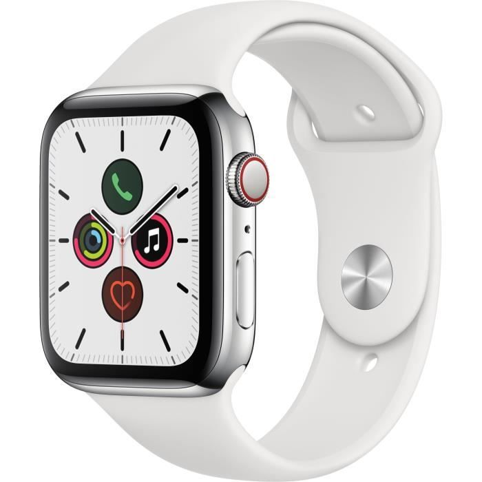 Apple Watch Series 5 Cellular 44 mm Boîtier en Acier Inoxydable avec Bracelet Sport Blanc - M/L