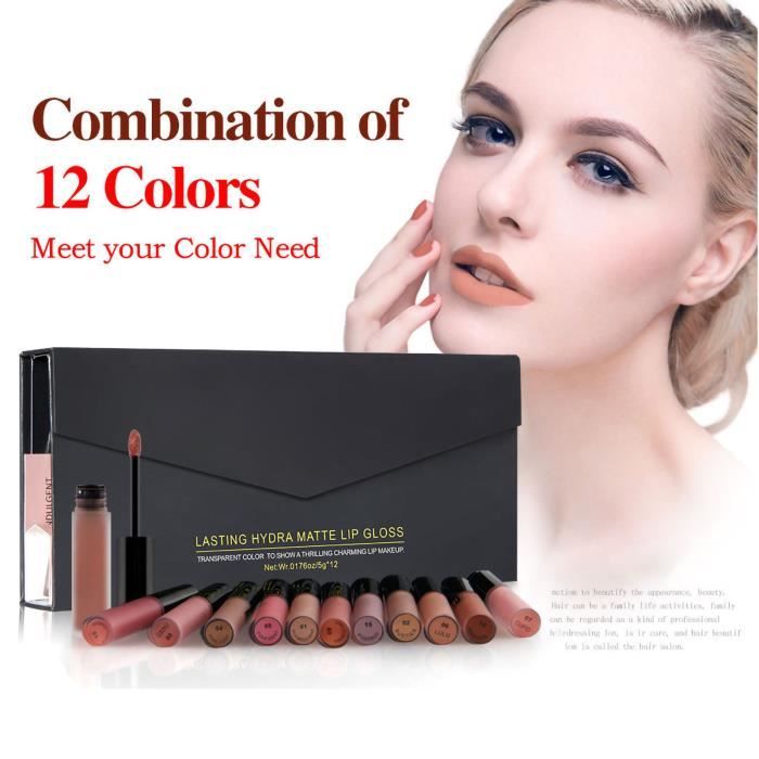 Combinaison de brillant à lèvres 12 couleurs rouge à lèvres mat indélébile 2MLA2246