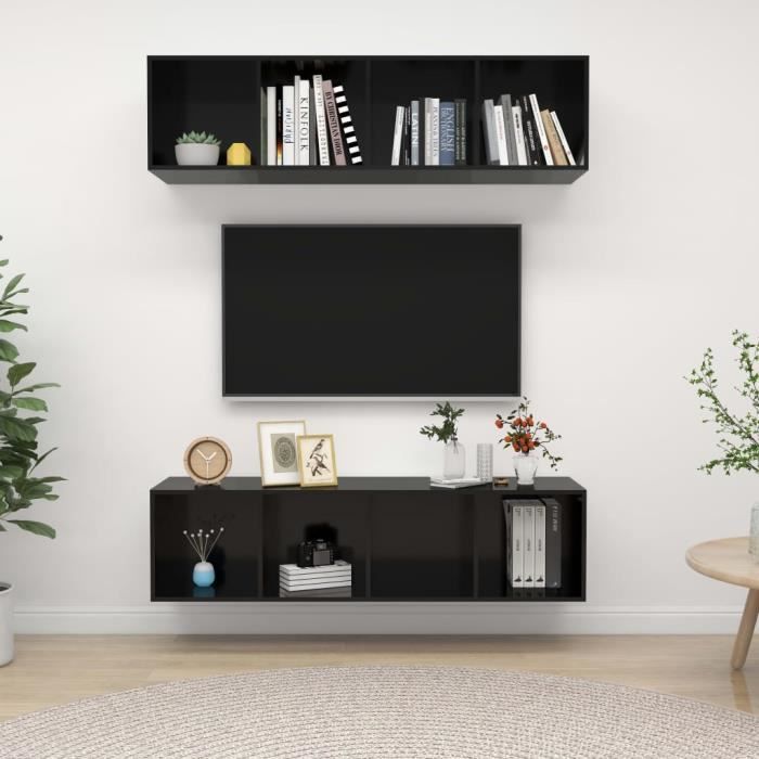 Unique Meubles TV muraux 2 pcs Ensemble de meuble TV mural Armoire HiFi Noir brillant Aggloméré 8302