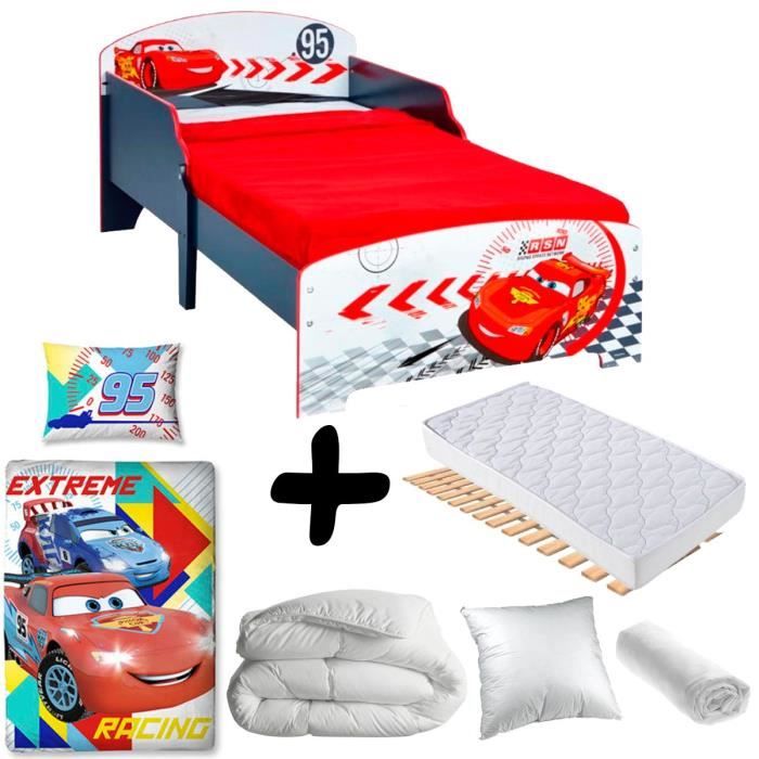 Pack complet Premium Lit enfant Cars Disney = Lit+Matelas & Parure+Couette+Oreiller