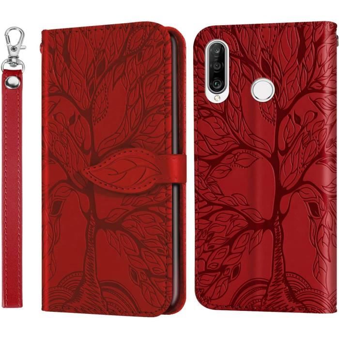 Coque Huawei P30 Lite, [avec Protection d'écran], Coque en Cuir Haut de Gamme avec Fonction de Support et Emplacement CRouge