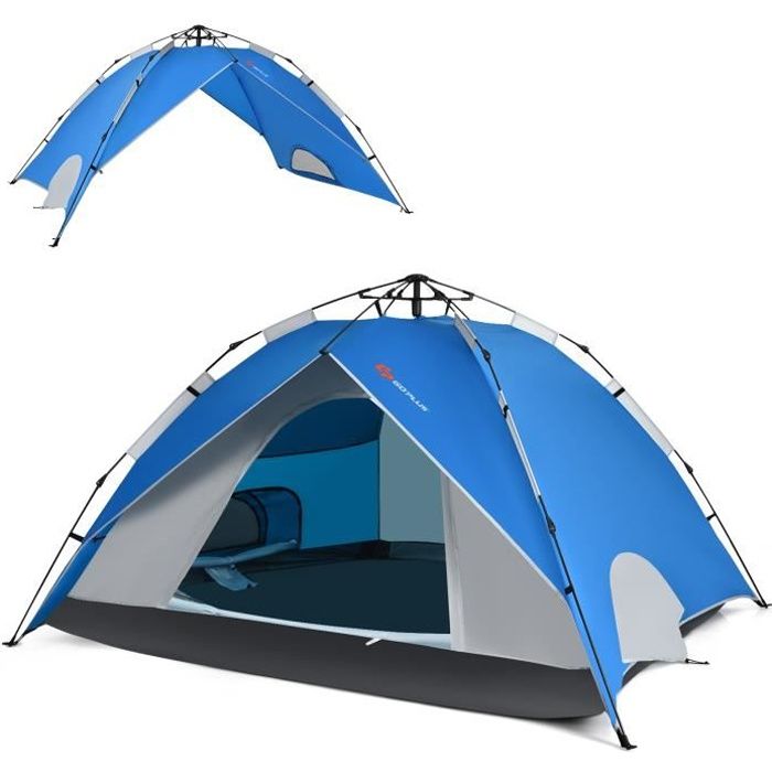 COSTWAY Tente de Camping Pop-up 4 Personnes Double Protection Pare-soleil 2 Grandes Fenêtres, 2 Portes Zippées pour Randonnée,Pêche